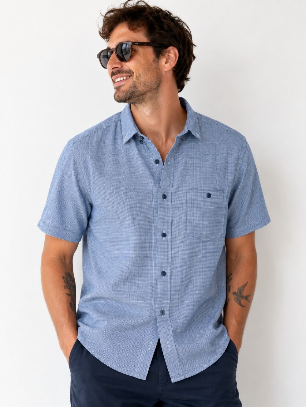 Haggar Men's Short Sleeve Linen Blend Button-Front Shirt – Medium – Blue